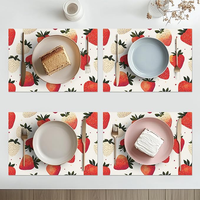 Sweet Strawberry Placemats Set of 6 Washable Table Mats Spring Summer Fruit Heat-Resistant Cotton Linen Place Mats for Dining Table Kitchen Indoor Outdoor Party Holiday Decor