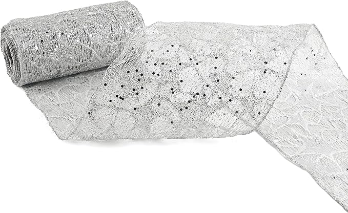MEEDEE 6 Inch Wide Wired Ribbon Silver Glitter Mesh Web Wired Edge Ribbon by 10 Yards Roll Silver Wired Mesh Ribbons for Christmas Tree, Garland, Holiday Wreaths, Bows, Centerpiece, Gift Wrapping