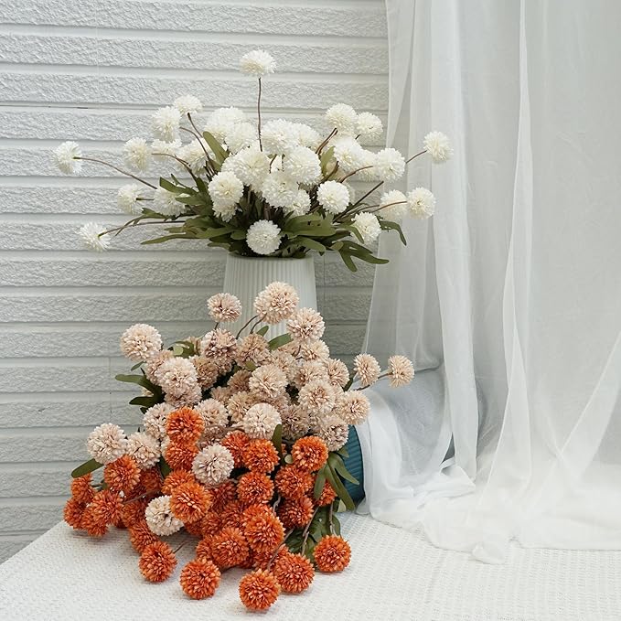 Faux Kiku Flower - White 12 Stems Faux Silk Mini Chrysanth with Stems Bulk Pompon Mum Artificial White Flower Ball for Floral Arrangements Silk Flowers for Home Decor Indoor