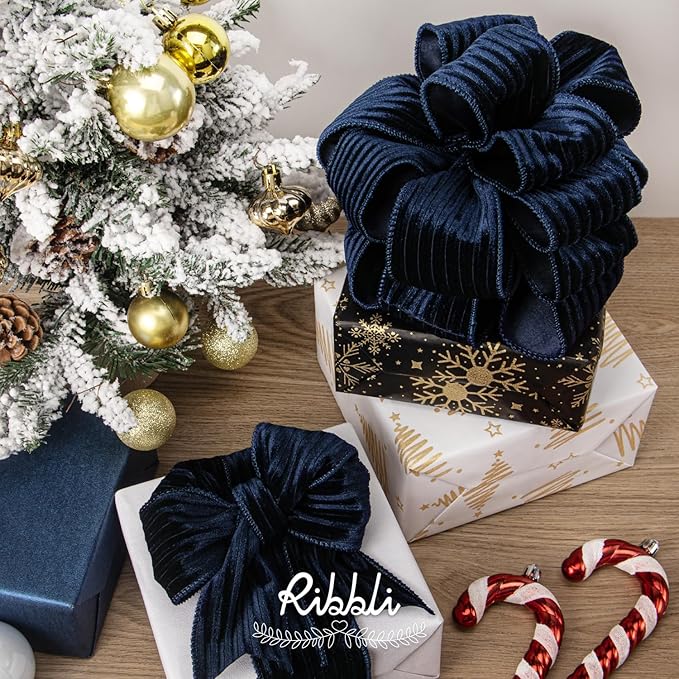 Ribbli Glossy Navy Velvet Wired Ribbon 2.5 Inch Striped Velvet Christmas Ribbon for Gift Wrapping Christmas Tree Decoration Crafts Wreaths Supplies-Continuous 10 Yards