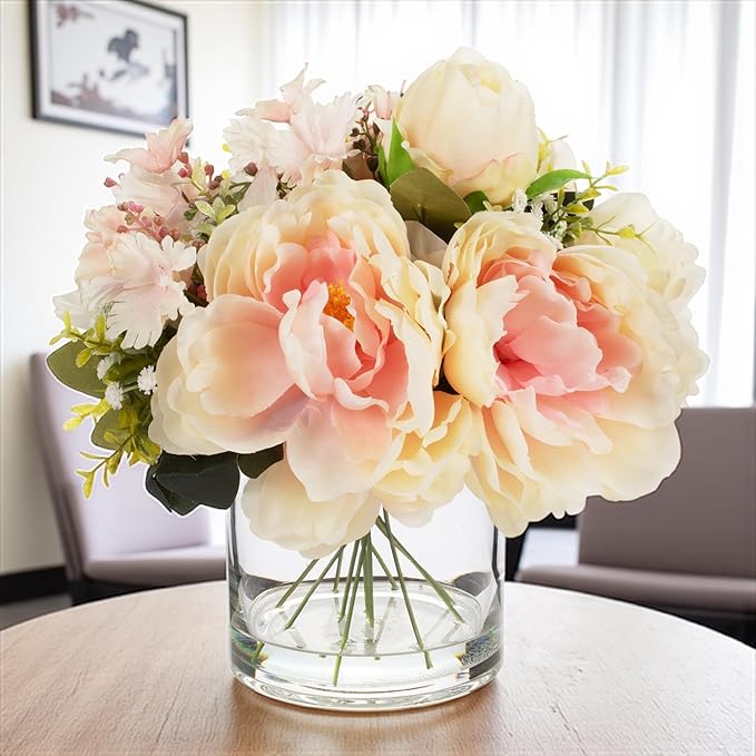 ENOVA FLORAL Artificial Silk Flower Arrangement with Vase,Mixed Artificial Silk Peony Flower in Vase for Decoration Home Office, Wedding Centerpiece (Peach)