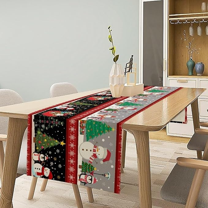 Christmas Table Runner,Cartoon Snowman Tree Xmas Deer Elk Santa Claus Print Tablecloth Burlap for Hotel Indoors Outdoor Dining Room Kitchen Home Decor,W13X L70 in