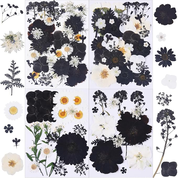 115Pcs Black Dried Pressed Flowers for Crafts,Xinxinran Dry Flowers Kit for Resin Molds,Epoxy Resin Accessories,Bookmark,Nails, Jewelry Molds,Candle Making Supplies,Soap,Frame