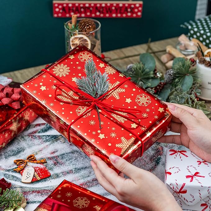 MAYPLUSS Christmas Wrapping Paper Roll - 17 Inch X 33 Feet - Gold Snowflake Star Reversible Candy Cane Gift Wrapping Paper, Thick Wrap Paper for Holiday Party New Year Kids
