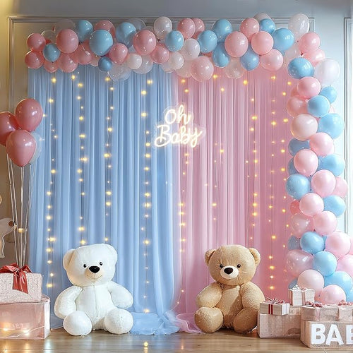 10x10ft Pink Blue Tulle Backdrop Curtain with Lights String for Parites, Sheer Backdrop Curtains for Wedding Baby Shower Birthday Party Photo Shoot Decorations