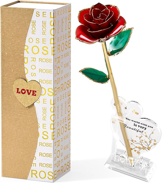 Mikasol Gold Dipped Real 24K Forever Preserved Rose, 1 Pack Infinity Flower Decor Hand Dipped Romantic Gift for Women in Her Wife Girlfriend Birthday Anniversary Valentines Mothers Day Christmas(Red)