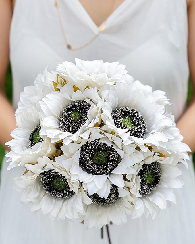 DuHouse 12pcs Artificial Sunflowers with Long Stems 5.5" Silk Sunflowers Bulk for Wedding Home Garden Outdoor Party Decoration(White)