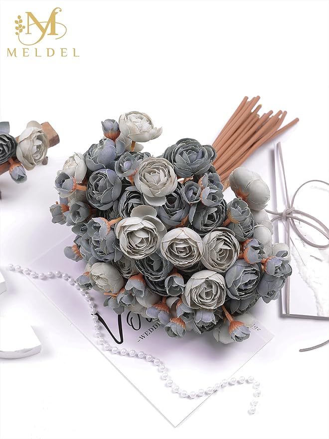 Meldel 32Pcs Ranunculus Artificial Flower, Dusty Blue Mini Rose Faux Ranunculus Flowers for DIY Bouquet, Bulk Fake Peony Wedding Filler Flowers for Centerpieces Arrangements Bridal Shower Decorations