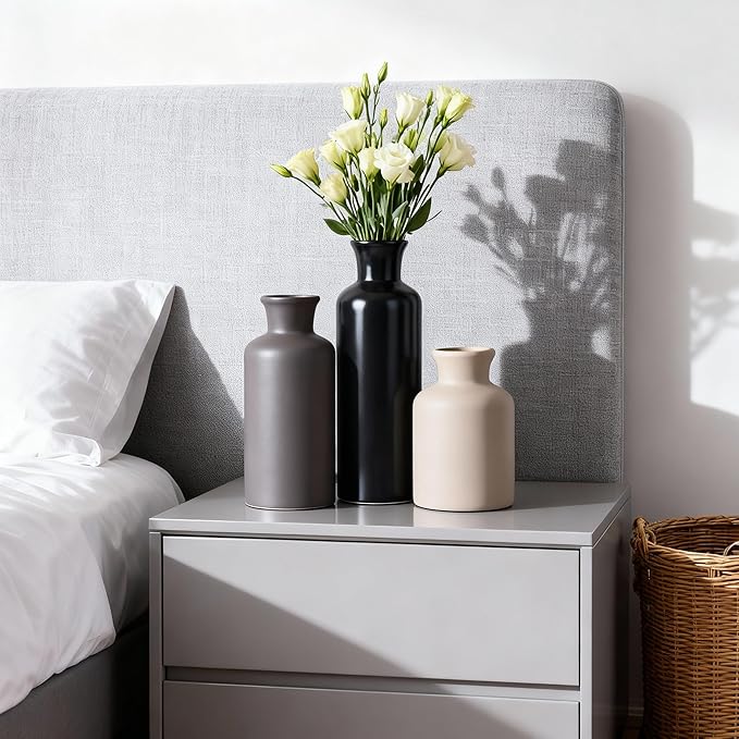 Ceramic Vase Set of 3 - Modern Neutral Decorative Vases for Home Decor, Rustic Farmhouse Boho Vases for Living Room, Mantel, Dining Table, Bookshelf, Kitchen or Entryway Decoration