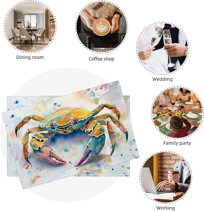 Sea Beach Theme PlaceMats Set of 4 Ocean Crab Pictures Print Washable Placemats Marine Life Animal Table Mats Teal Blue Scratch Proof Table Mats for Kitchen Decor Dinner 4 PCS