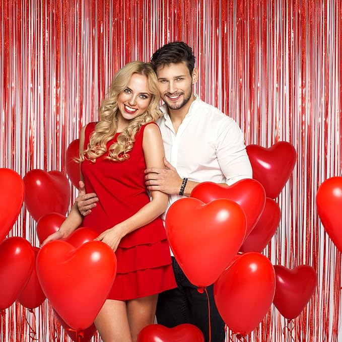 Melsan Red Tinsel Foil Fringe Curtains Backdrop, 3.2 ft x 8 ft Sparkle Tinsel Backdrop Streamers for Christmas Valentines Patriotic Birthday Party Decorations, 2 Packs
