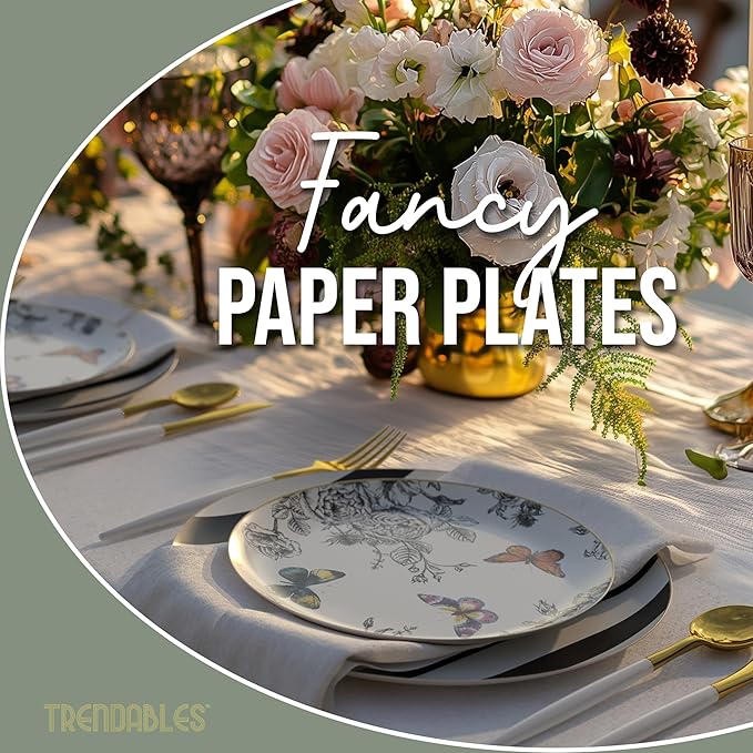Trendables Floral Paper Plates 8.5 Inch & 10.5 Inch 40 Pcs Dinner Plate Set Fancy Disposable Plates for Party for 20 Guests 20 X 8 & 20 X 10 Large & Small Paper Plate Set for Parties Monarch