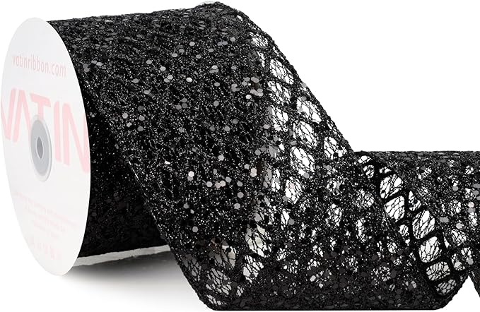 VATIN 4" Black Christmas Ribbon, Black Glitter Mesh Diamond Web Sequin Dots Wired Christmas Ribbon for Gift Wrapping Bow Making Wreath Supply-10 Yards