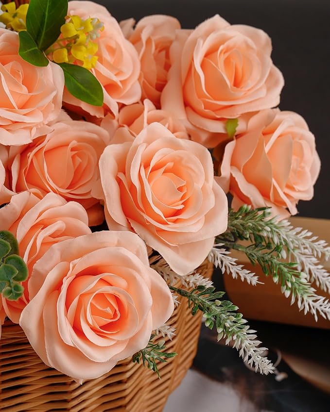 DuHouse 10pcs Fake Roses Artificial Silk Flowers Long Stems Bouquet for Arrangement Wedding Centerpiece Party Home Kitchen Decor(Peach Fuzz-a)