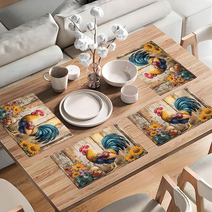 Farmhouse Rooster Placemats Set of 6, Rustic Chicken Place Mats, Sunflower Dining Table Mats, Washable Placemats for Kitchen Dining Room Home Decor 18L'' × 12W''