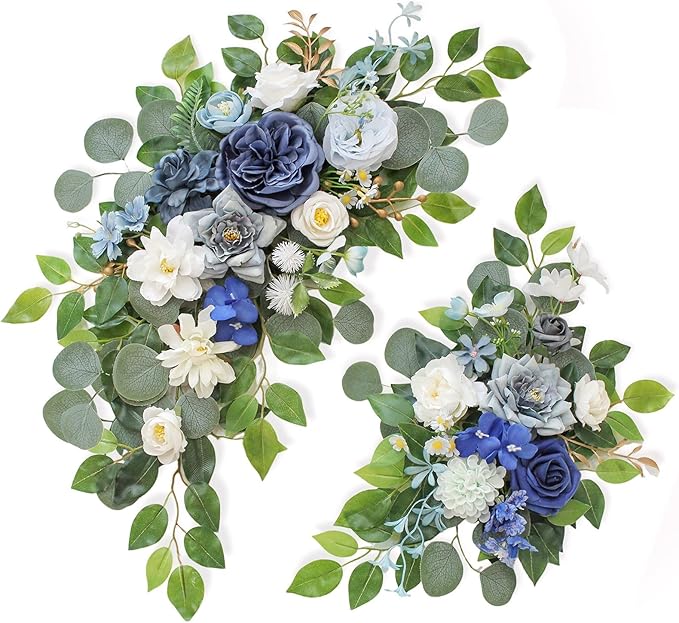 Wedding Welcome Signs Floral(Pack of 2)，Wedding Arch Flowers for Wedding Decorations and Reception Backdrop Decoration (Blue)