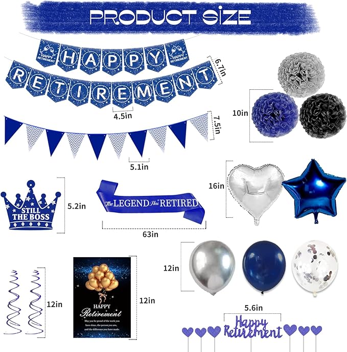 Happy Retirement Party Decorations Blue Retirements Party Decoration for Men Happy Retire Banner Hanging Swirls Foil Balloon Cake Toppers Retire Sash for Blue and Silver Retire Decoration