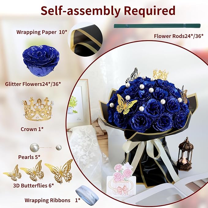 Glitter Roses Bouquet, Shiny Artificial Roses Flowers with Stems DIY Fake Glitter Flowers Bouquet for Valentine's Day, Mother's Day, Anniversary, Graduation, Birthday, Wedding, 36 Roses (Blue)