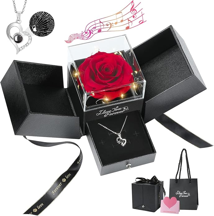 Emibele Preserved Rose Gifts for Women, Eternal Flower Rose Box with Heart Necklace, Romantic I Love You Gifts for Her Women Wife Mom Grandma on Valentines Mothers Day Birthday Anniversary