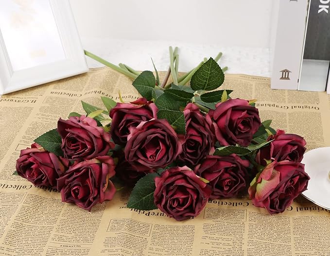 IPOPU Burgundy Roses Artificial Flowers 12PCS Roses Flowers Heads Dried Silk Flowers Burgundy Flowers Artificial for Decorations with Single Stems for Floral Arrangements Wedding Flower