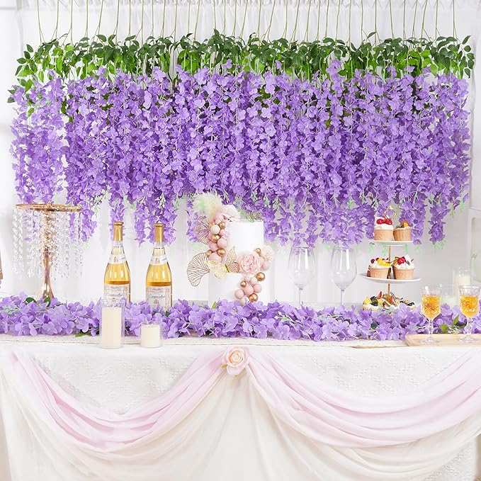 Yastouay 38 Pcs Wisteria Hanging Flowers, 3.77 Ft/Pcs Artificial Hanging Flowers, Purple Fake Wisteria for Wedding Party Ceremony Backdrop Home Decoration