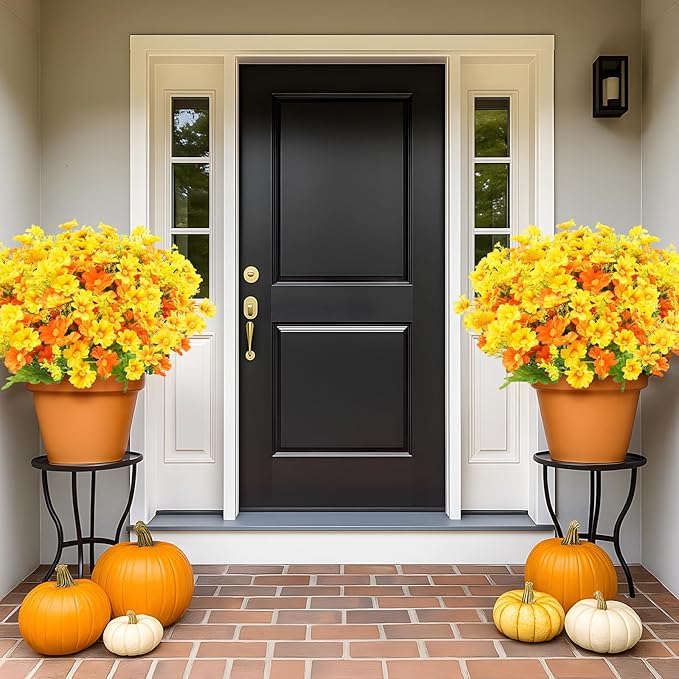 Uieke 24 Bundles Artificial Fall Flowers for Outdoors Fake Daisy Mums Flowers UV Resistant Autumn Flowers No Fade Indoor Outside Home Wedding Garden Porch Fall Décor (Orange Yellow)