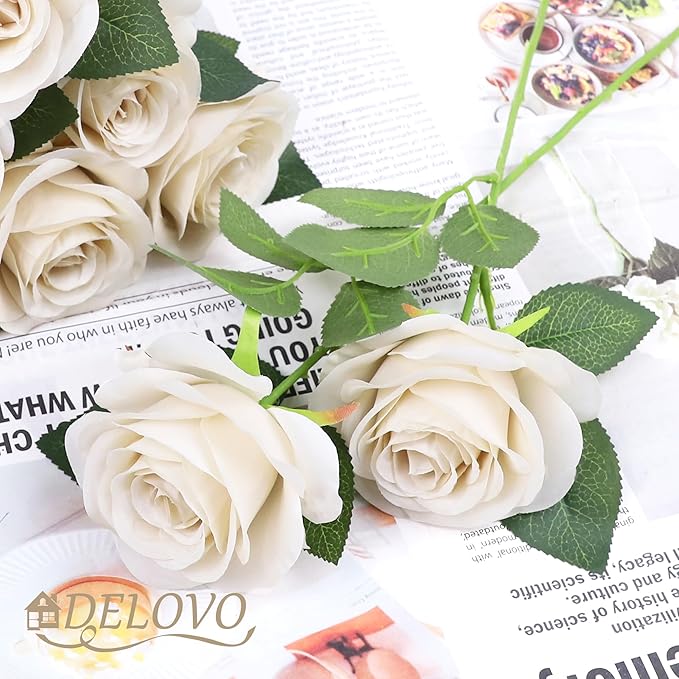 52pcs Beige Roses Artificial Flowers Fake Flowers Silk Roses with Stems for DIY Wedding Bouquets Bridal Shower Centerpieces Arrangements Party Decorations