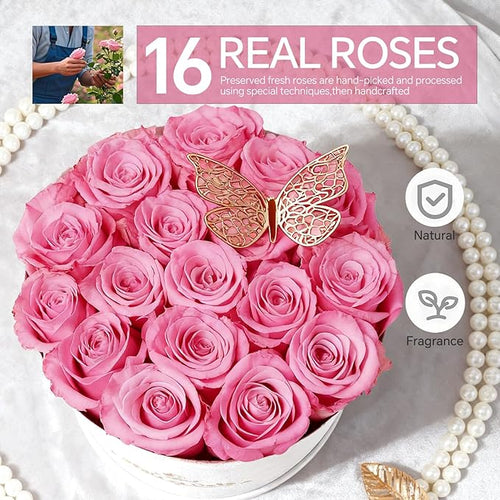 16 Preserved Roses in a Box, Preserved Flowers Gifts for Women, Forever Flowers for Delivery, Flower Birthday Gifts Box for Her, Mothers Day Rose Gifts for Mom, Sweet Pink