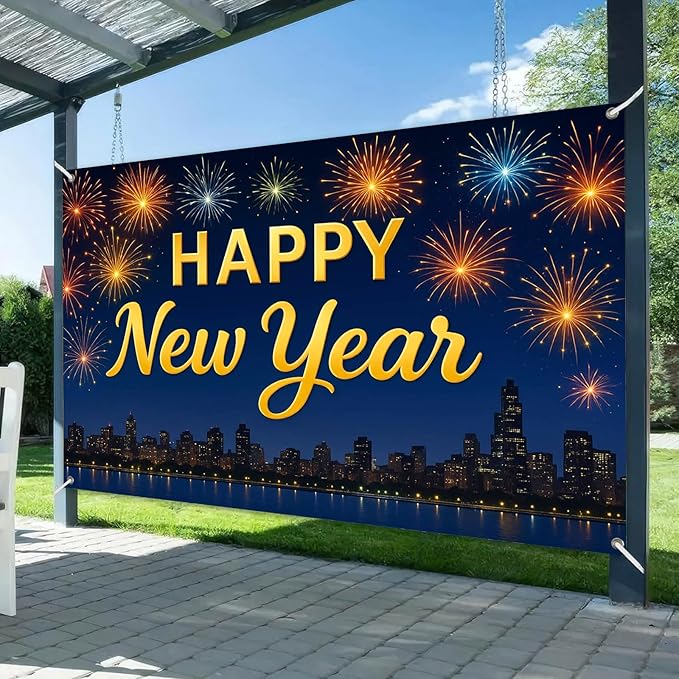 Happy New Year Banner 71x43 Inch Fireworks Skyline Party Wall Decoration New Year Photo Backdrop for Indoor Celebration Countdown Event Holiday Party Background Display