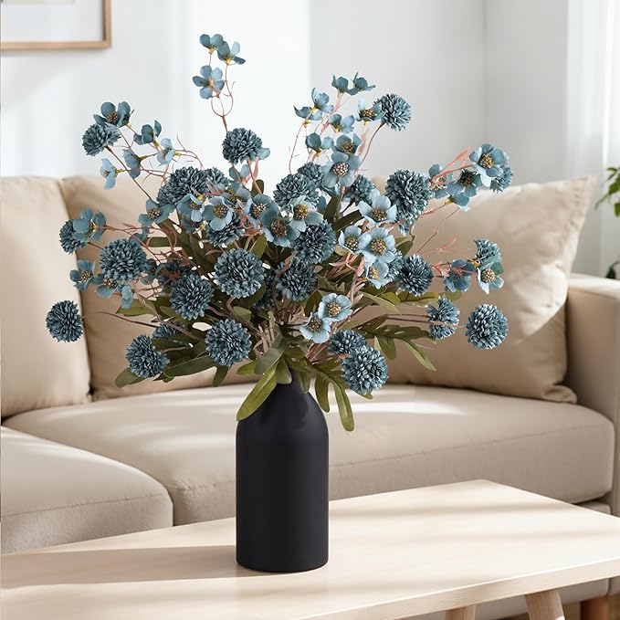 HyeFlora Fake Kiku Flowers,Faux Silk Pompon Mums 40heads Artificial Flowers,Chrysanthemum Stems Floral Arrangement Dried Flowers Vintage Decorative Indoor Home Vase Decor Blue with Wax