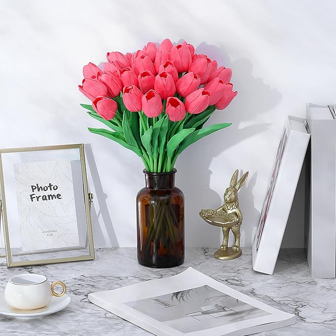 SITUMEIZI 15pcs Tulips Fake Pink Artificial Flowers Real Touch 14" Silk Flower for Home Decor Spring Easter Wedding Bouquet Decorations Valentine's Day Gifts(Fluorescent Pink)