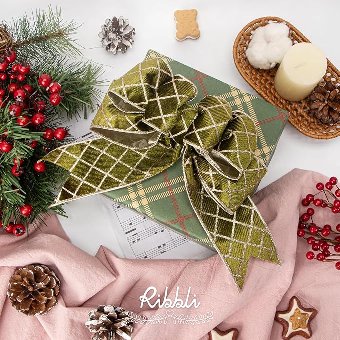 Ribbli Moss Green Velvet Ribbon Wired with Glitter Diamond Grid 2-1/2 Inch Christmas Ribbon for Christmas Tree Decoration Big Bow Gift Wrapping Crafts Wreaths Garland Supplies - 10 Yards