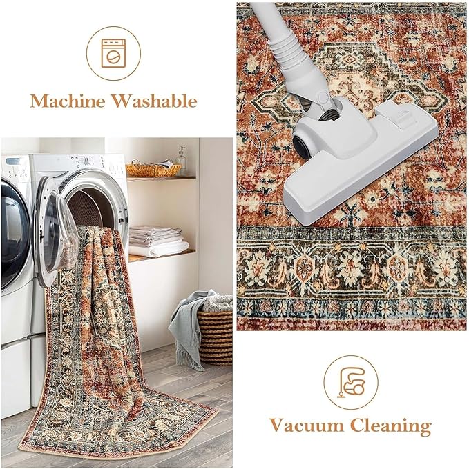 Lahome Oriental Hallway Runner Rug, 2.5x10 Washable Runner Ultra-Thin Hallway Rug for Bedroom Entryway, Soft Long Carpet for Kitchen Bathroom ‎Laundry Room, Brick Red