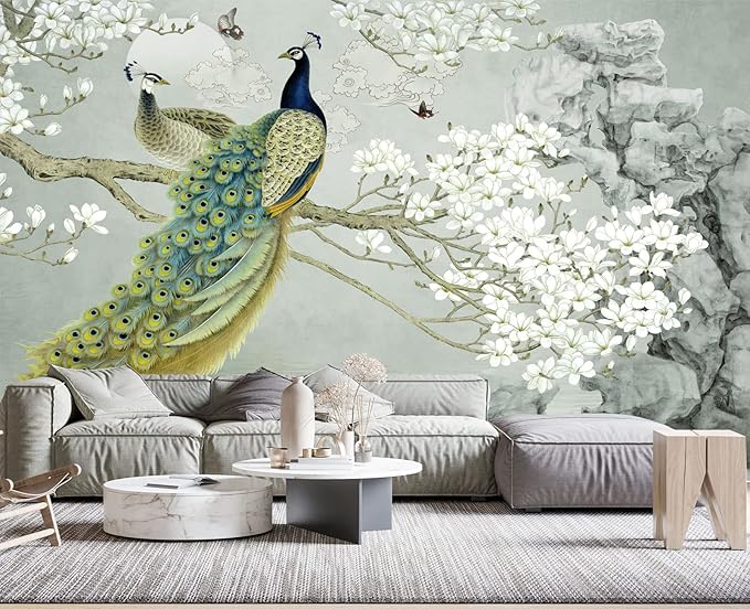 Magnolia Flower Peacock Chinoiserie Wallpaper for Bedroom 103" x 69"