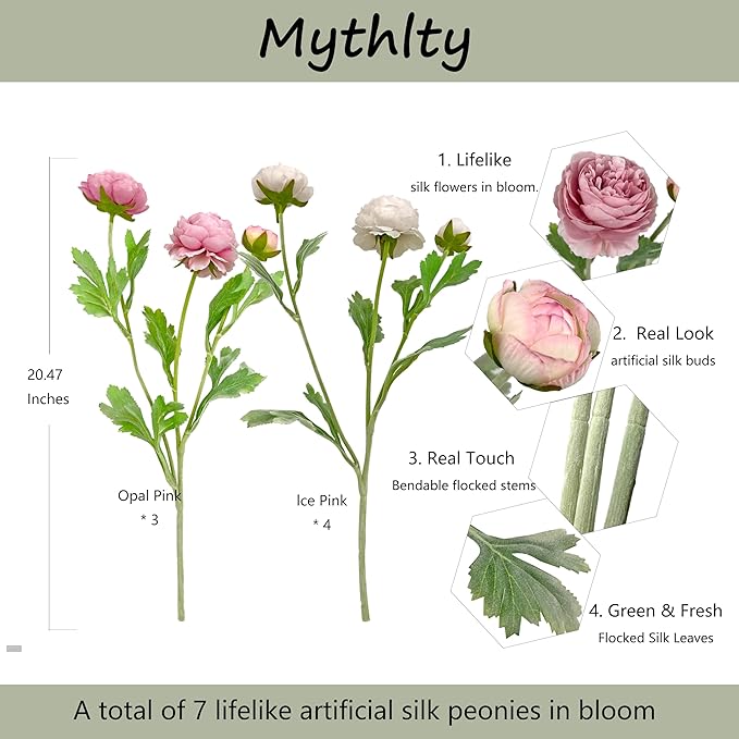 7 pcs Peony Artificial Flowers with Stems, Faux Ice and Opal Pink Ranunculus Mixed, Silk Flowers Arrangement for Home Office Farmhouse Indoor Decor, Kitchen Dining Table Centerpiece Decor