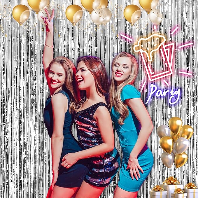 2 Pack 3.28 ft x 6.56 ft Silvery Tinsel Curtain Party Backdrop Decorations, Metallic Foil Fringe Backdrop Door for Halloween, Christmas, Birthday Graduation Wedding Party Streamers Photo Backdrop.