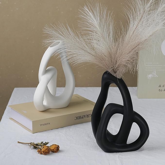 Unique Black Ceramic Vases for Home Decor, 9.1" H Boho Nordic Aesthetic Modern Style, Decorative Vases for Home Decor Living Room