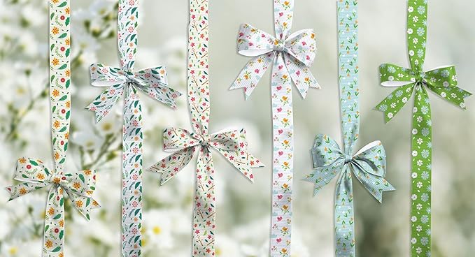 YKW Spring Grosgrain Ribbon, 6 Pack (5/8 Inch x 3 Yards Each), Floral Bird Ribbon, Garden Theme Craft Ribbons for Gift Wrapping Wedding Party Home Decoration DIY Projects