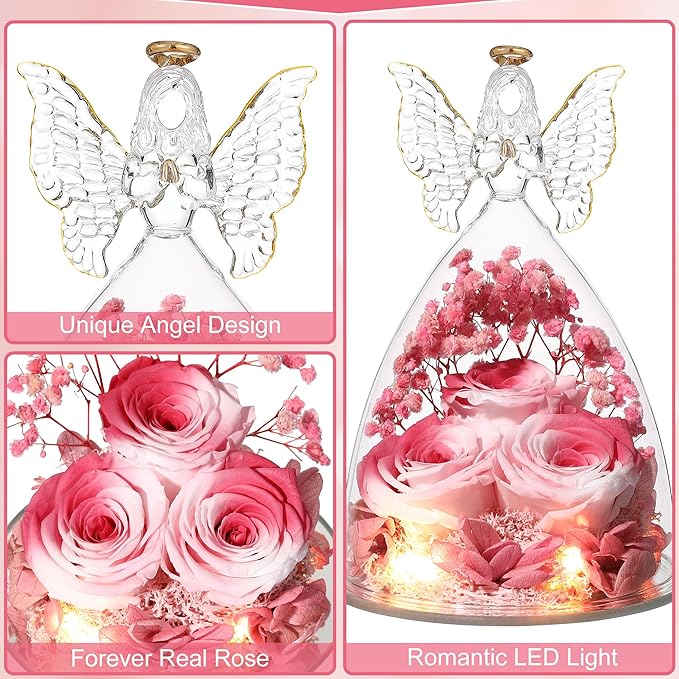 Christmas Rose Gifts for Women Preserved Real Flower in Glass Angel Figurines Roses for Delivery Prime Birthday Gifts for Mom Grandma Girlfriend Wife Her, Pink White