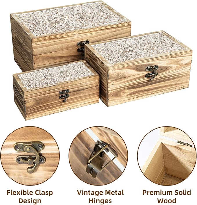 Set of 3 Wood Decorative Boxes, Rustic Farmhouse Keepsake Box Wooden Box with Hinged Lid and Floral Carved Design, Decorative Boxes for Home Decor, Brown