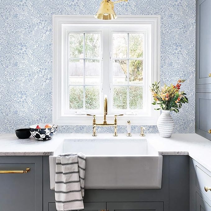 Heroad Peel and Stick Wallpaper Light Blue Floral Contact Paper 17.3''x393'' Boho Wall Paper Modern Removable Self Adhesive Wallpaper for Bedroom Bathroom Kitchen Cabinet Decor Waterproof Vinyl Roll