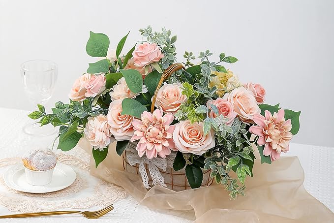 YYHUAWU Artificial Flowers Combo Box Set Gradient Color Flower Leaf with Stems for DIY Wedding Bouquets Centerpieces Baby Shower Party Home Decorations Peach