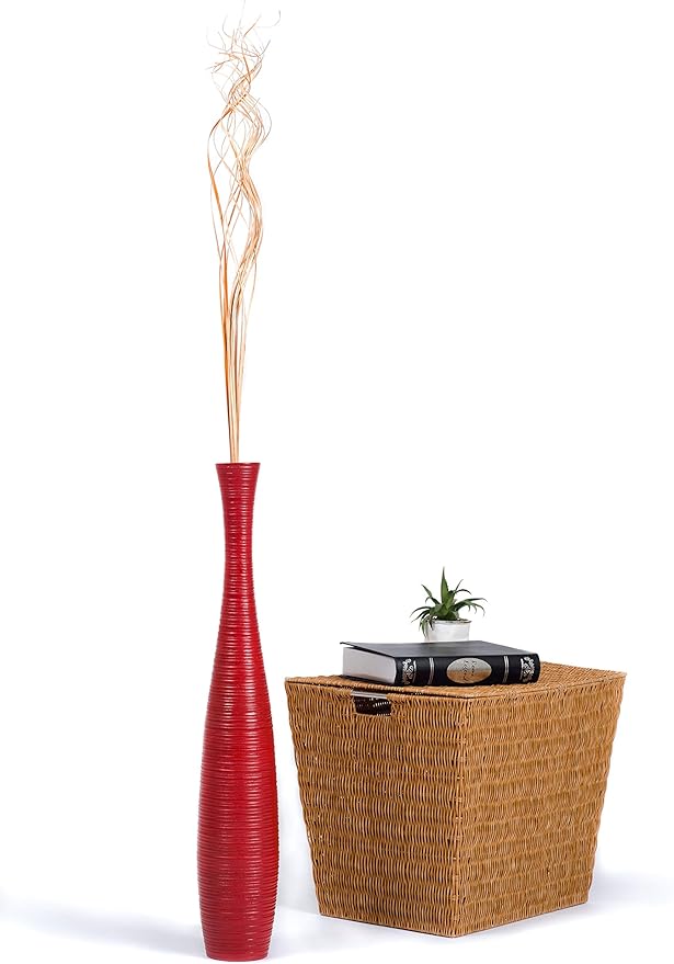 Leewadee Large Red Home Decor Floor Vase - Wooden 26 inch Tall Farmhouse Decor Flower Holder for Fake Plant and Pampas Grass