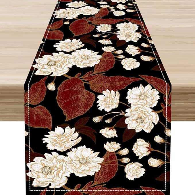 Boho Floral Table Runner, Black White Minimalist Vintage Rustic Flower Botanical Leaf Print Table Center Decor for Family Kitchen Table Decorations Indoor Outdoor 13x72 inch