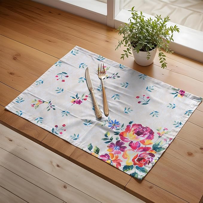 Maison d' Hermine Placemats Set of 4 100% Cotton Washable Cloth Place Mats, Reusable Table Mats for Kitchen Dining Decoration, Party, Wedding, Restaurant Spring/Summer (Rose Garden, 13" x 19")