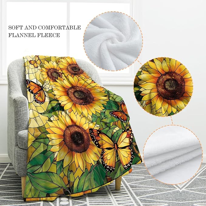 Jekeno Sunflower Gifts Blanket for Women Girls, Sunflowers Butterfly Throw Butterfly Decor Gifts for Sunflower Lovers Adult Kids, Cute Blanket for Home Living Room Bed Couch