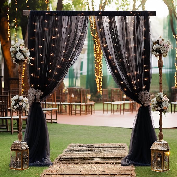 10x10ft Black Tulle Backdrop Curtain with Lights String for Parites, Sheer Backdrop Curtains for Wedding Baby Shower Birthday Party Photo Shoot Decorations