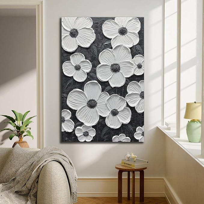 moshinart 30 x 45in Hand-Painted Oil Painting 3D Texture Black White Grey Modern Minimalist Black Abstract Wall Art, Home Office Wall Decoration Petal