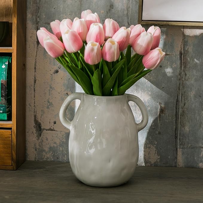 20pcs Pink and White Artificial Tulip Flowers, Silk Fake Flowers 13" for Mother's Day, Easter, Valentine’s Day Gifts in Bulk, Home, Kitchen, Wedding Decorations