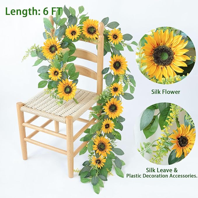 Mizii Artificial Sunflower Garland 6FT Fake Silk Sunflowers Flower Garland Autumn Hanging Vines Decorations for Kitchen Table Centerpieces Room Wall Party Wedding Birthday Fall Decor (Yellow)